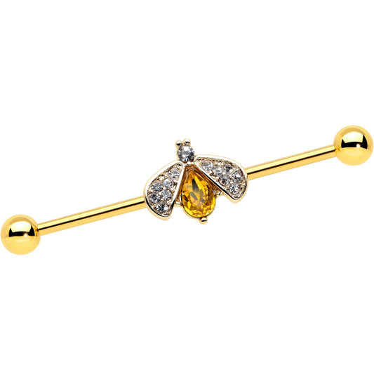 14G Clear Yellow Gem Gold Tone Style Bug Industrial Barbell 38mm