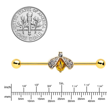 14G Clear Yellow Gem Gold Tone Style Bug Industrial Barbell 38mm