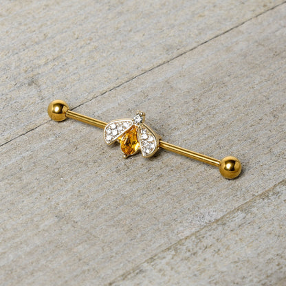 14G Clear Yellow Gem Gold Tone Style Bug Industrial Barbell 38mm