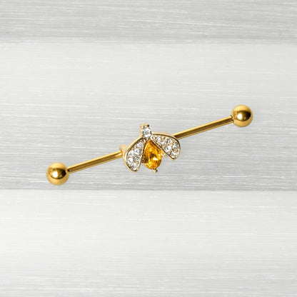 14G Clear Yellow Gem Gold Tone Style Bug Industrial Barbell 38mm