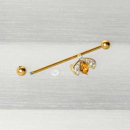 14G Clear Yellow Gem Gold Tone Style Bug Industrial Barbell 38mm