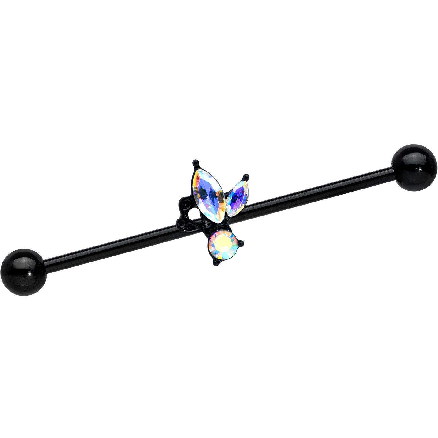 14G Aurora CZ Gem Black Fleur de Lis Butterfly Industrial Barbell 38mm