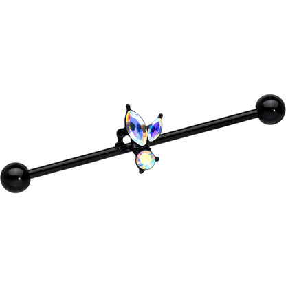 14G Aurora CZ Gem Black Fleur de Lis Butterfly Industrial Barbell 38mm