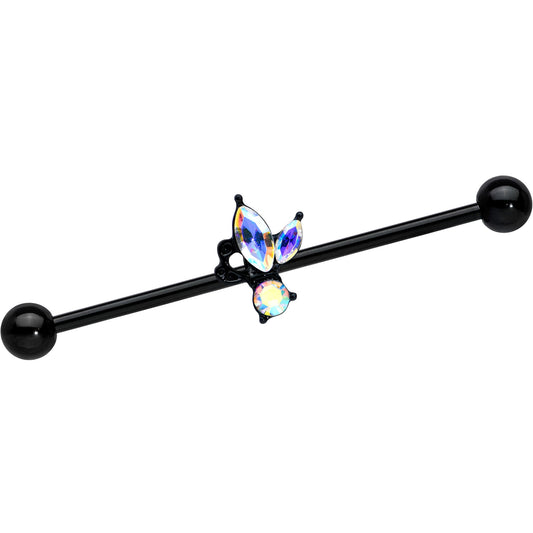 14G Aurora CZ Gem Black Fleur de Lis Butterfly Industrial Barbell 38mm