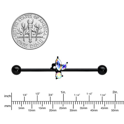 14G Aurora CZ Gem Black Fleur de Lis Butterfly Industrial Barbell 38mm