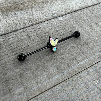 14G Aurora CZ Gem Black Fleur de Lis Butterfly Industrial Barbell 38mm
