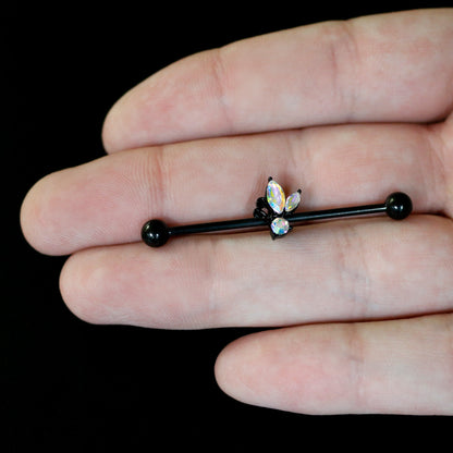 14G Aurora CZ Gem Black Fleur de Lis Butterfly Industrial Barbell 38mm
