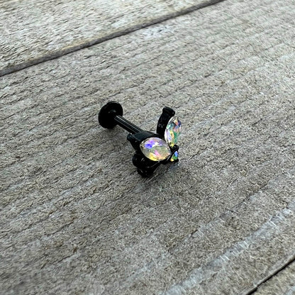 16G 5/16 Aurora CZ Gem Black Fleur de Lis Butterfly Labret Monroe Tragus