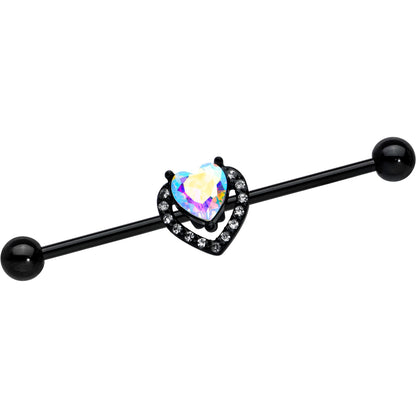 14G Aurora Clear Gem Black Rococo Heart Industrial Barbell 38mm