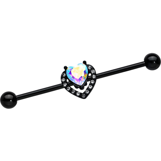 14G Aurora Clear Gem Black Rococo Heart Industrial Barbell 38mm