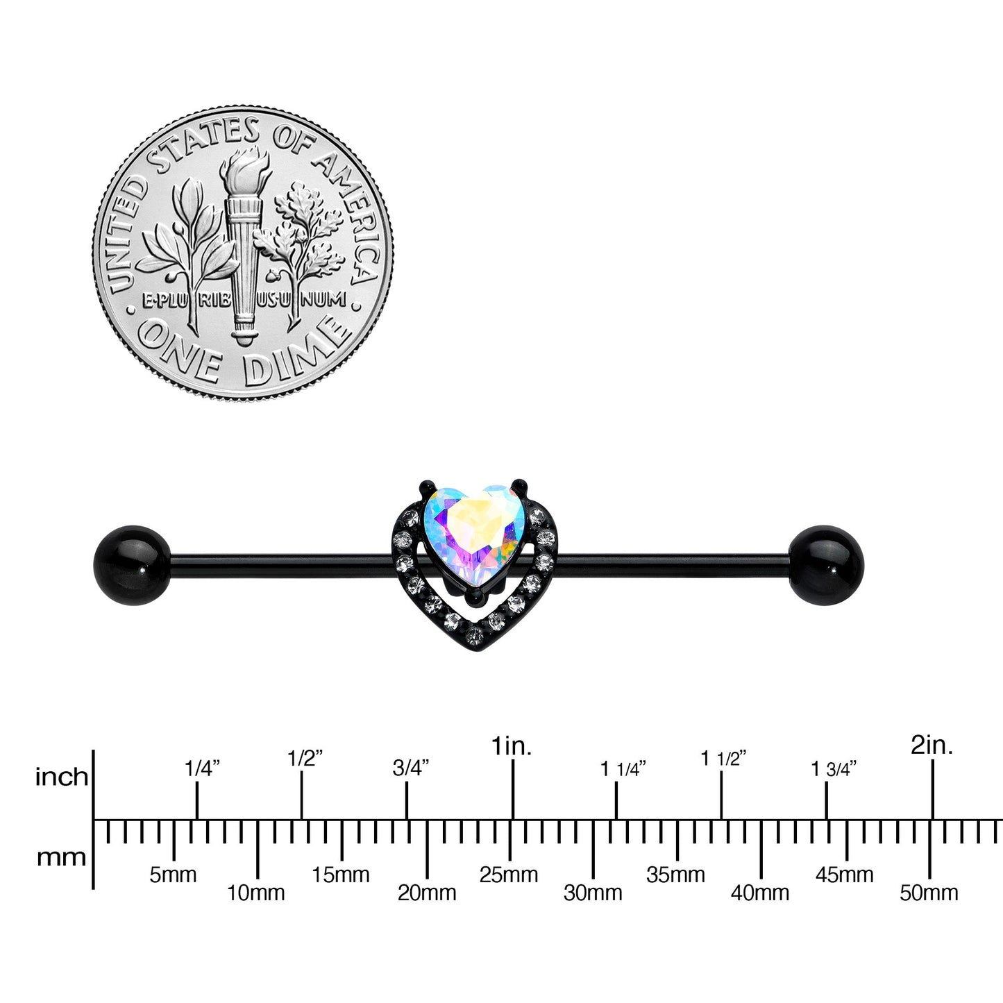 14G Aurora Clear Gem Black Rococo Heart Industrial Barbell 38mm