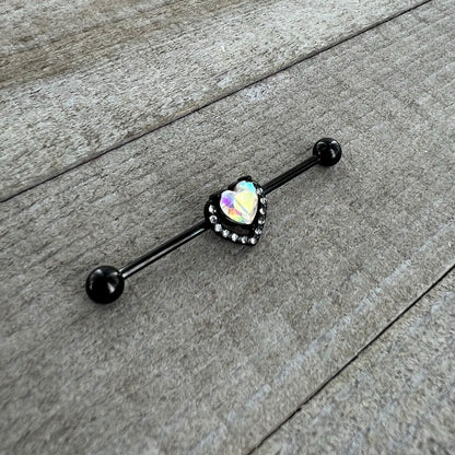 14G Aurora Clear Gem Black Rococo Heart Industrial Barbell 38mm