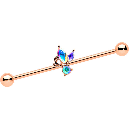 14G Aurora CZ Gem Rosy Tone Fleur de Lis Butterfly Industrial Barbell 38mm