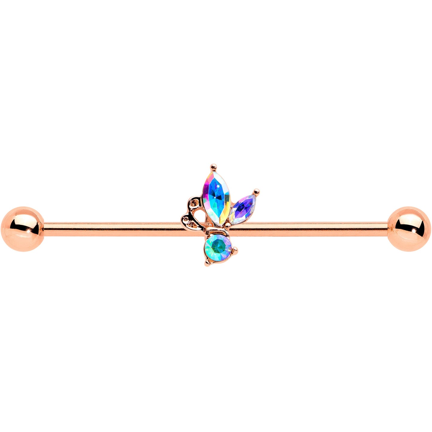 14G Aurora CZ Gem Rosy Tone Fleur de Lis Butterfly Industrial Barbell 38mm