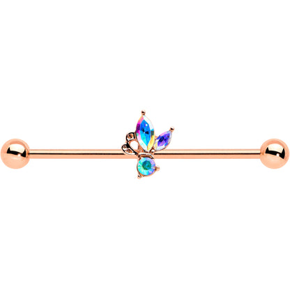 14G Aurora CZ Gem Rosy Tone Fleur de Lis Butterfly Industrial Barbell 38mm