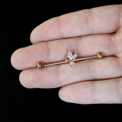 14G Aurora CZ Gem Rosy Tone Fleur de Lis Butterfly Industrial Barbell 38mm
