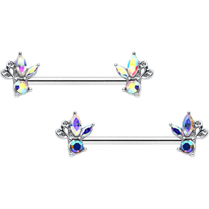 14G 9/16 Aurora CZ Gem Fleur de Lis Butterfly Barbell Nipple Ring Set