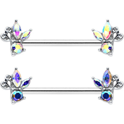 14G 9/16 Aurora CZ Gem Fleur de Lis Butterfly Barbell Nipple Ring Set