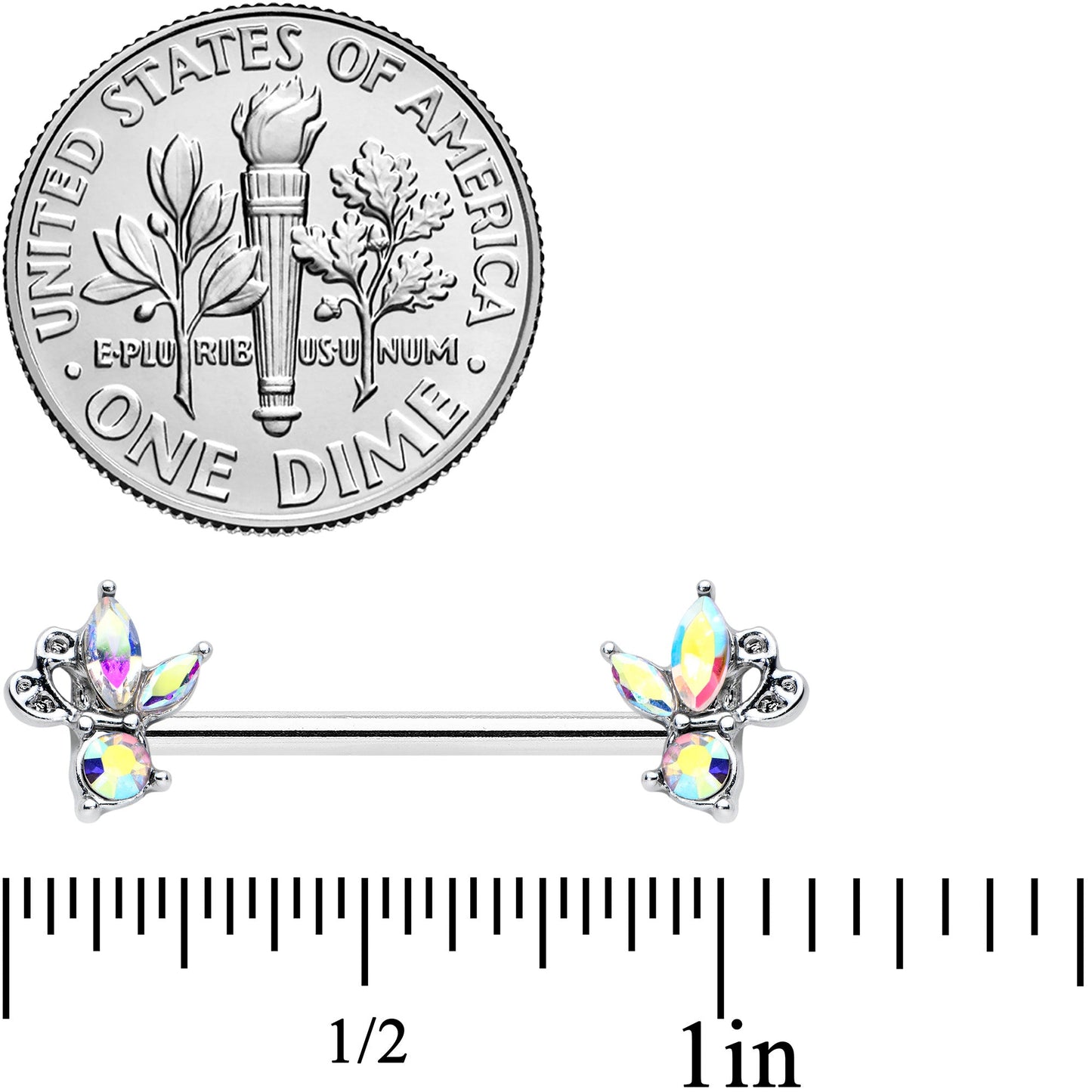 14G 9/16 Aurora CZ Gem Fleur de Lis Butterfly Barbell Nipple Ring Set