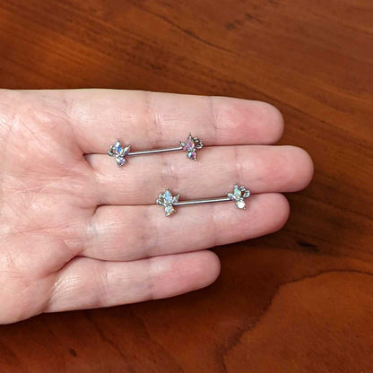 14G 9/16 Aurora CZ Gem Fleur de Lis Butterfly Barbell Nipple Ring Set