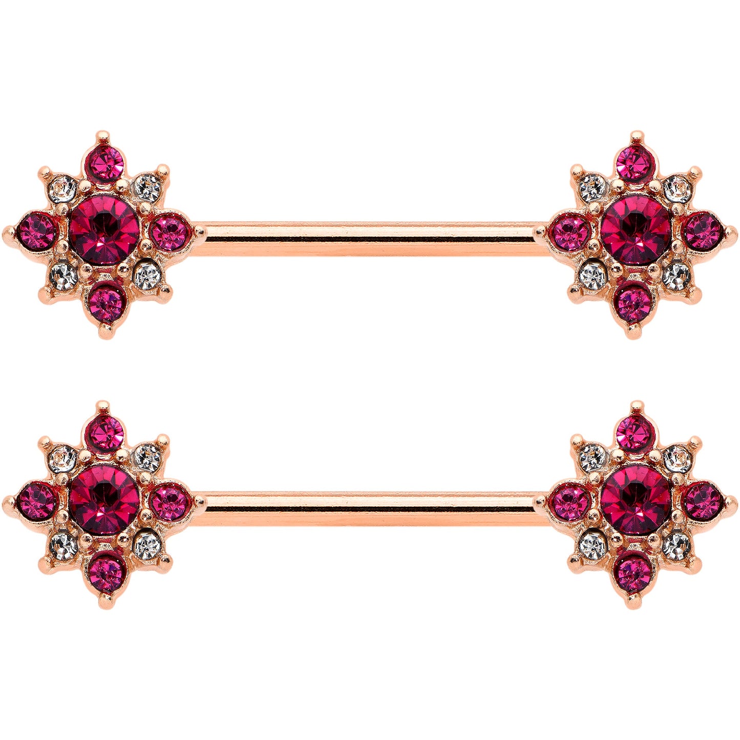14G Red Gem Rose Gold Tone Rococo Star Barbell Nipple Ring Set