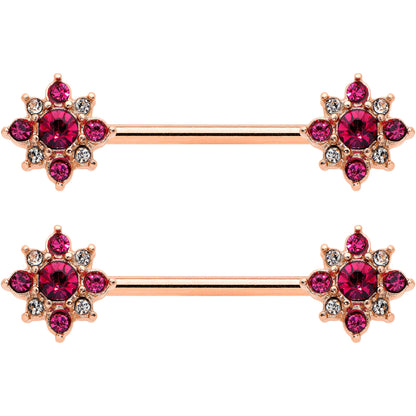14G Red Gem Rose Gold Tone Rococo Star Barbell Nipple Ring Set