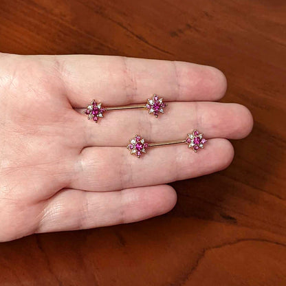 14G Red Gem Rose Gold Tone Rococo Star Barbell Nipple Ring Set