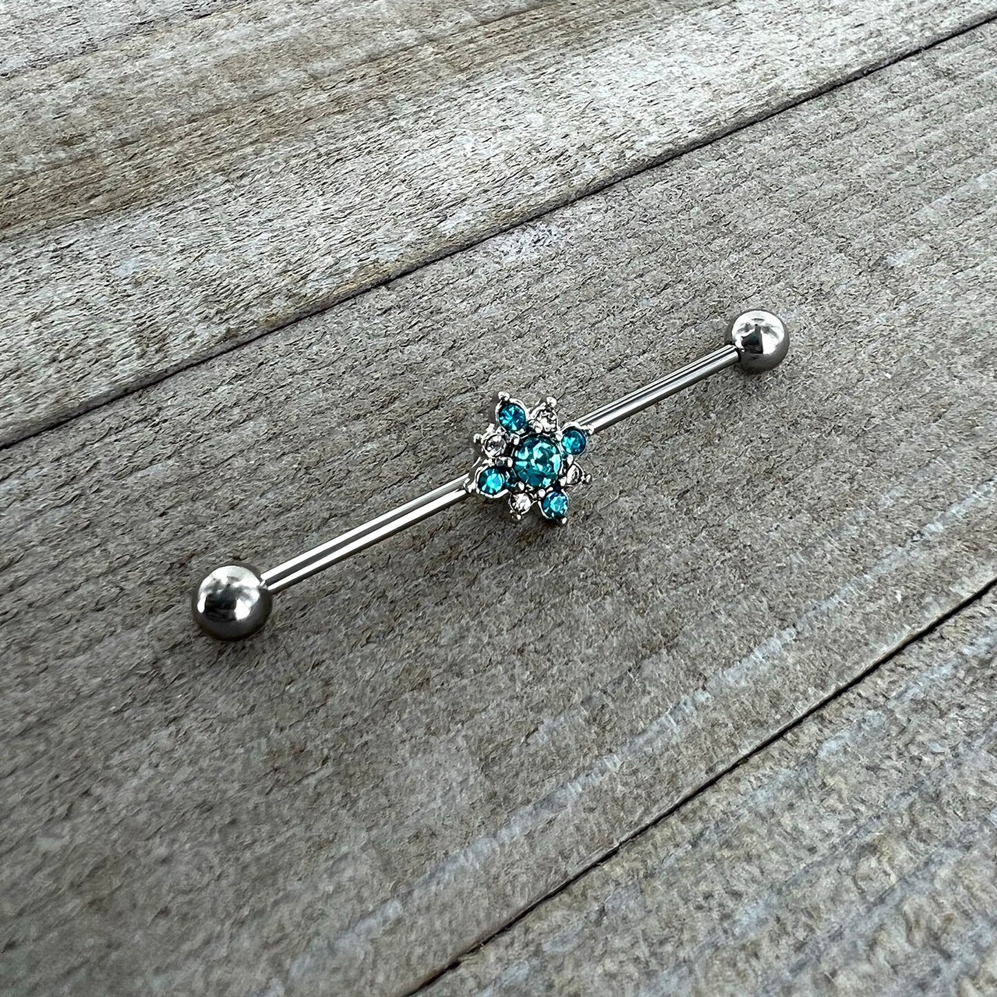 14G Blue Gem Frosty Snowflake Christmas Industrial Barbell 38mm