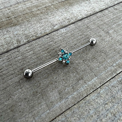 14G Blue Gem Frosty Snowflake Christmas Industrial Barbell 38mm