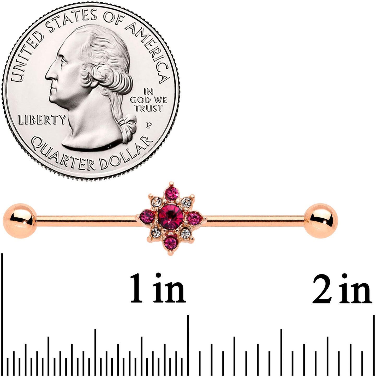 14G Red Gem Rose Gold Tone Rococo Star Industrial Barbell 38mm