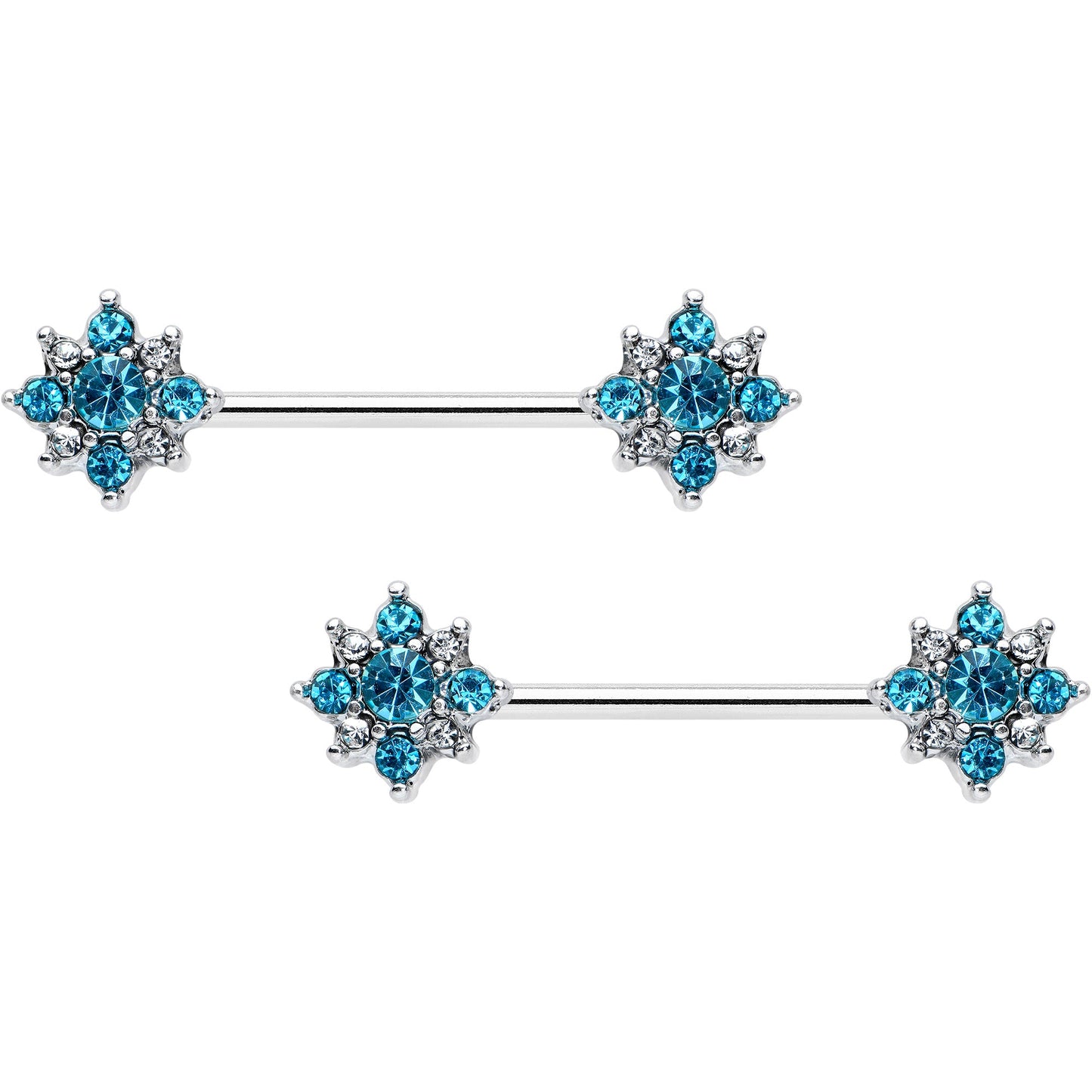 14G 9/16 Clear Blue Gem Opulent Flower Barbell Nipple Ring Set