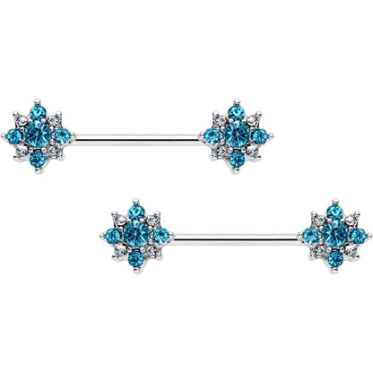14G 9/16 Clear Blue Gem Opulent Flower Barbell Nipple Ring Set