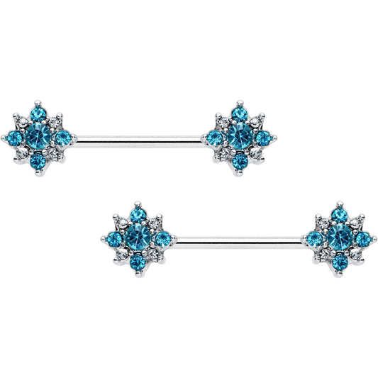 14G 9/16 Clear Blue Gem Opulent Flower Barbell Nipple Ring Set