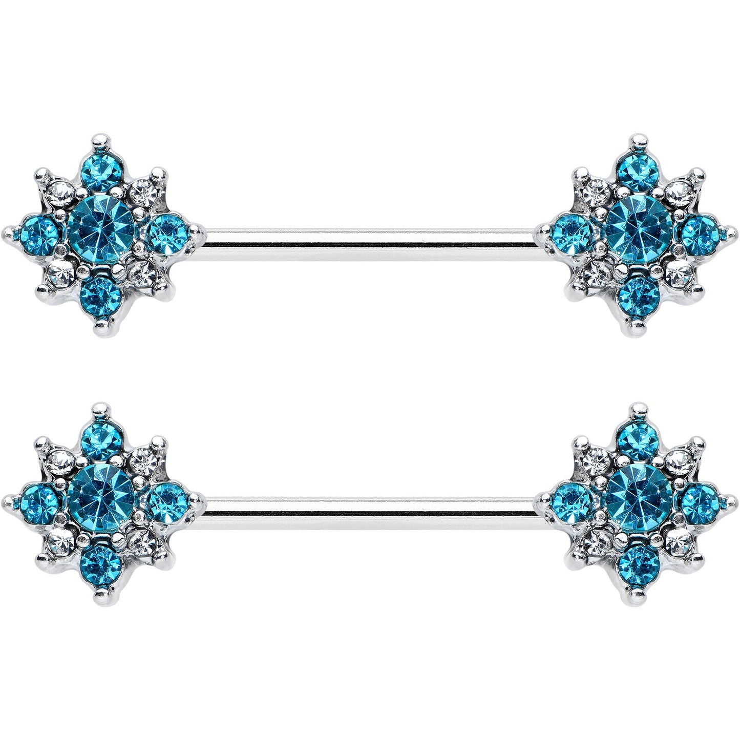 14G 9/16 Clear Blue Gem Opulent Flower Barbell Nipple Ring Set