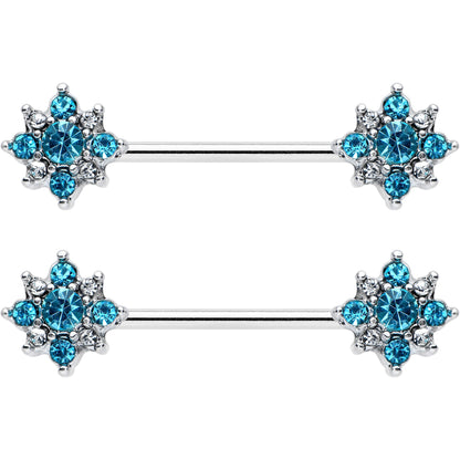 14G 9/16 Clear Blue Gem Opulent Flower Barbell Nipple Ring Set