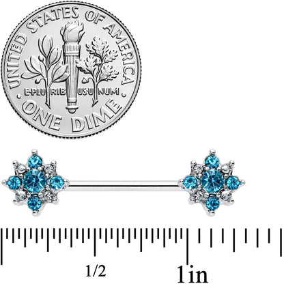 14G 9/16 Clear Blue Gem Opulent Flower Barbell Nipple Ring Set