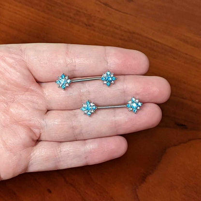 14G 9/16 Clear Blue Gem Opulent Flower Barbell Nipple Ring Set
