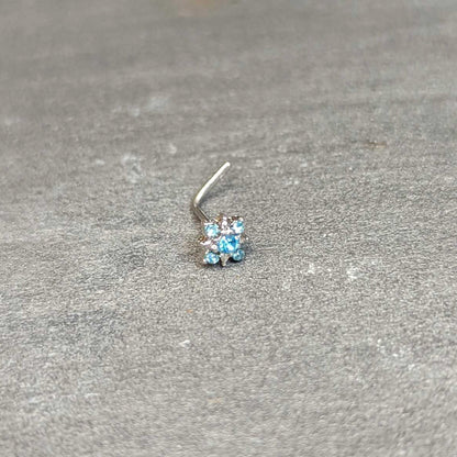 20G 7mm Blue Clear Gem Stylish Snowflake L Shape Nose Ring