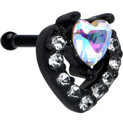 20G 1/4 Clear Aurora Gem Black Heart Valentines Nose Bone