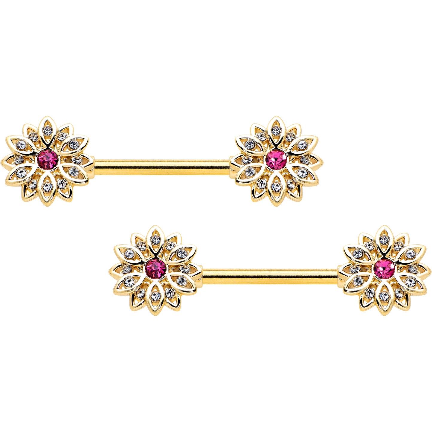 14G 9/16 Clear Pink Gem Gold Tone Starry Flower Nipple Ring Set