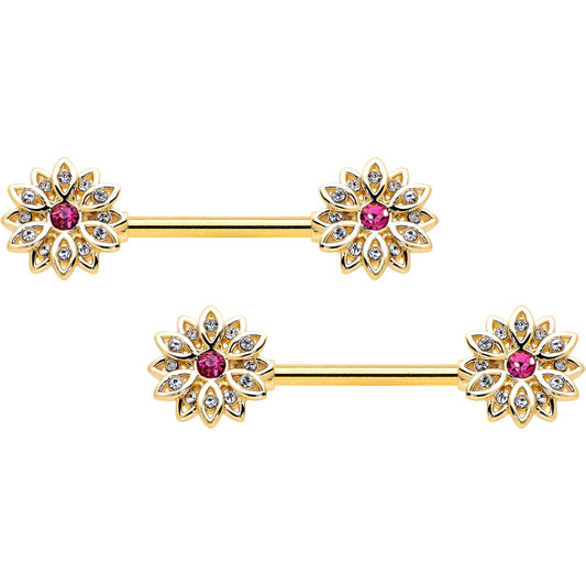 14G 9/16 Clear Pink Gem Gold Tone Starry Flower Nipple Ring Set