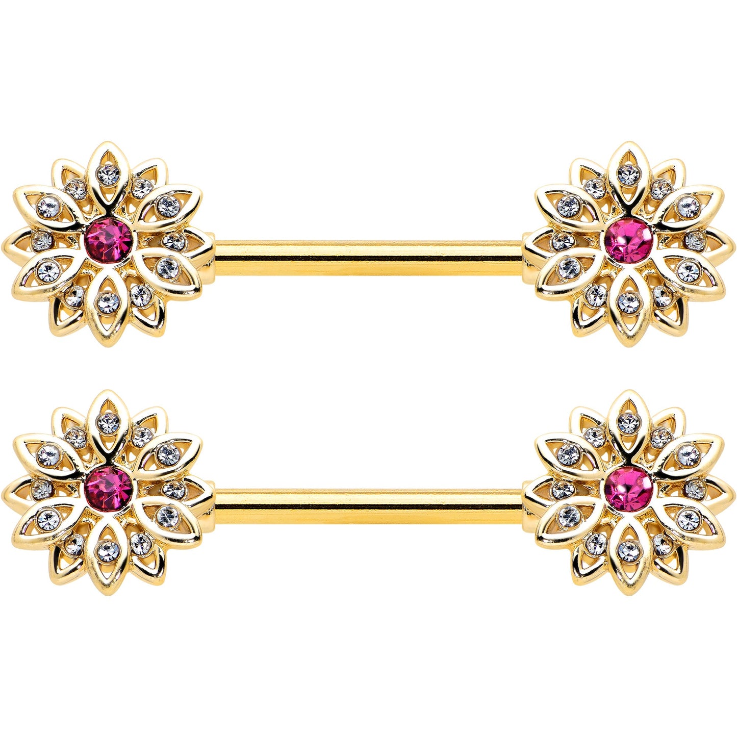14G 9/16 Clear Pink Gem Gold Tone Starry Flower Nipple Ring Set