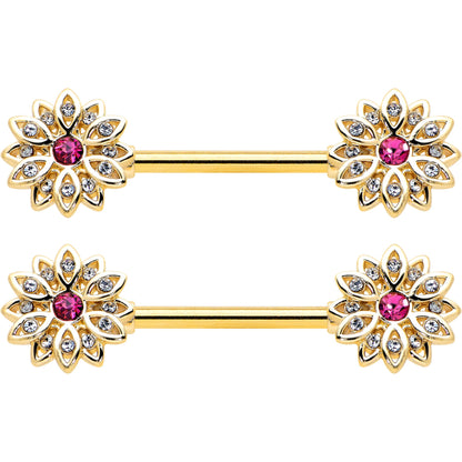 14G 9/16 Clear Pink Gem Gold Tone Starry Flower Nipple Ring Set