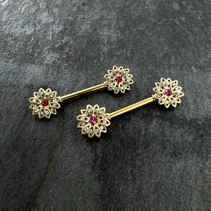 14G 9/16 Clear Pink Gem Gold Tone Starry Flower Nipple Ring Set