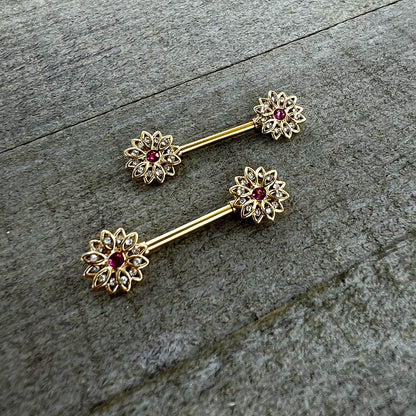 14G 9/16 Clear Pink Gem Gold Tone Starry Flower Nipple Ring Set