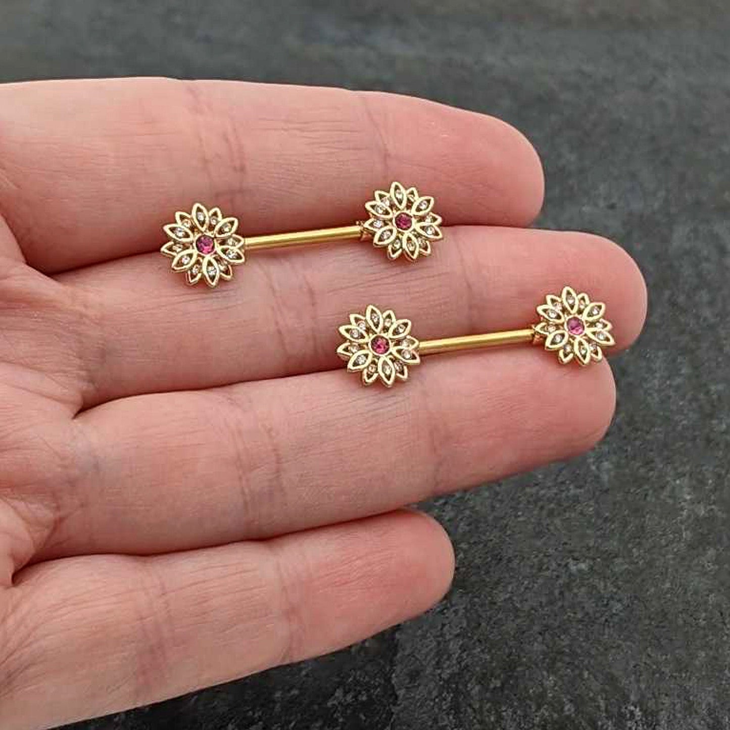 14G 9/16 Clear Pink Gem Gold Tone Starry Flower Nipple Ring Set