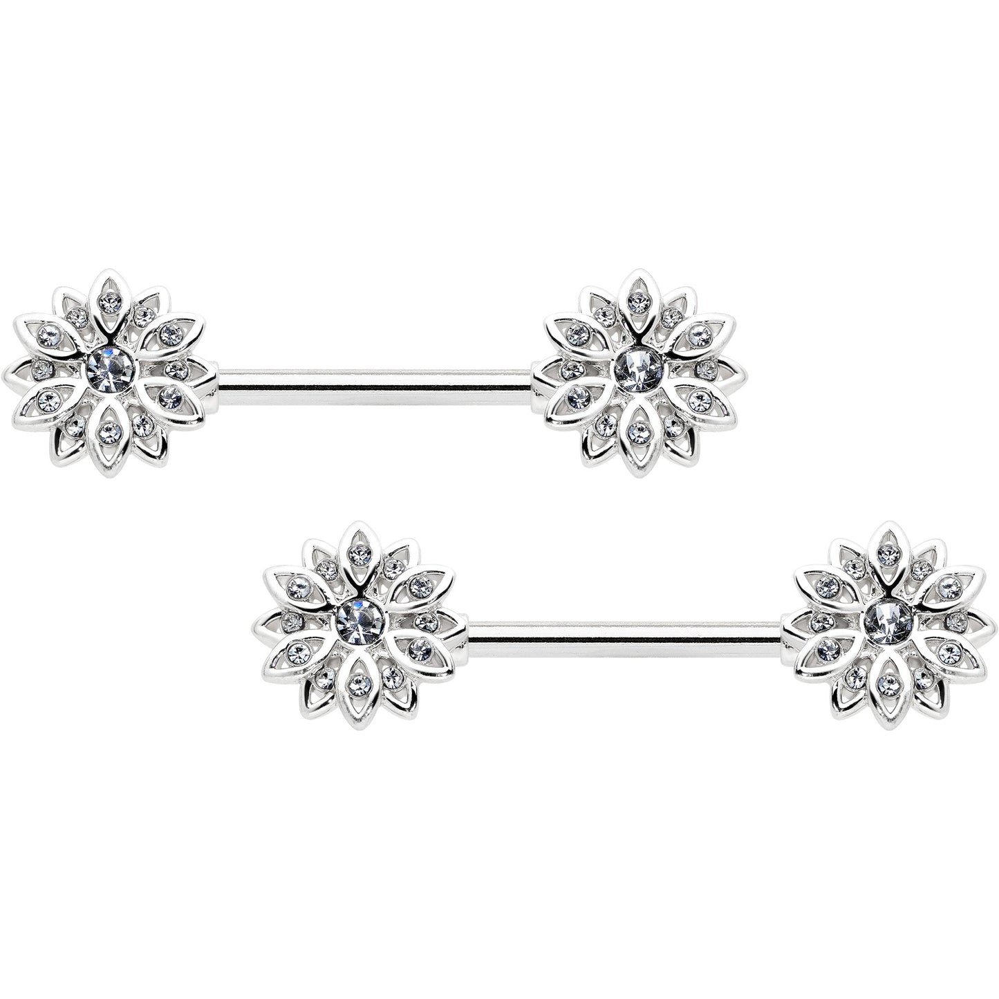 14G 9/16 Clear Gem Rococo Starry Flower Barbell Nipple Ring Set