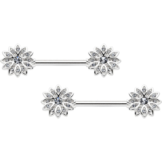 14G 9/16 Clear Gem Rococo Starry Flower Barbell Nipple Ring Set