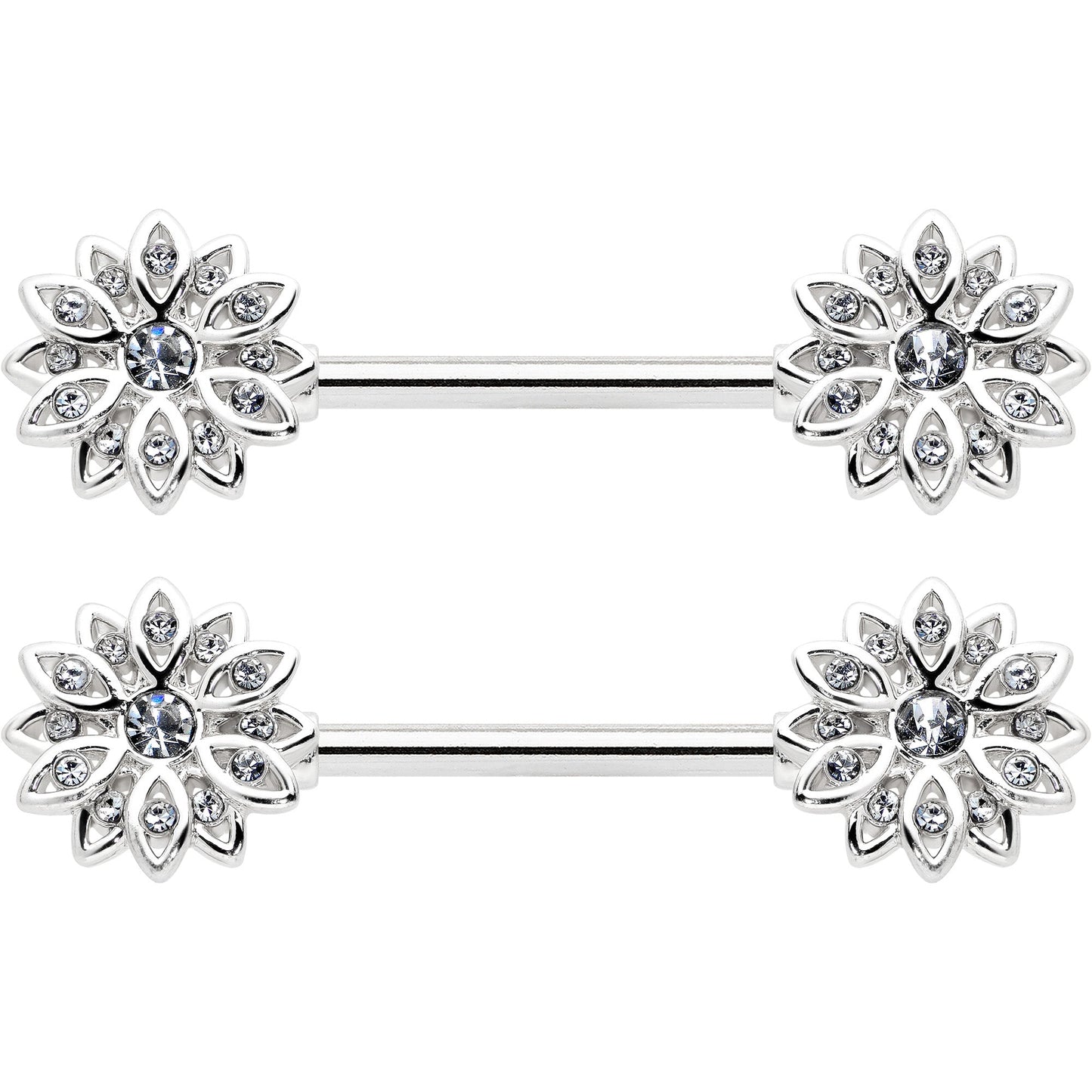 14G 9/16 Clear Gem Rococo Starry Flower Barbell Nipple Ring Set