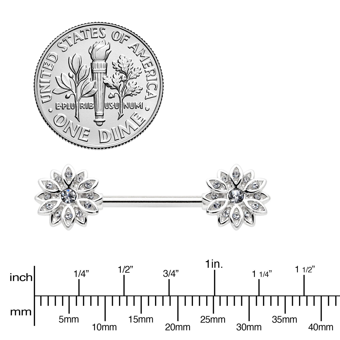 14G 9/16 Clear Gem Rococo Starry Flower Barbell Nipple Ring Set